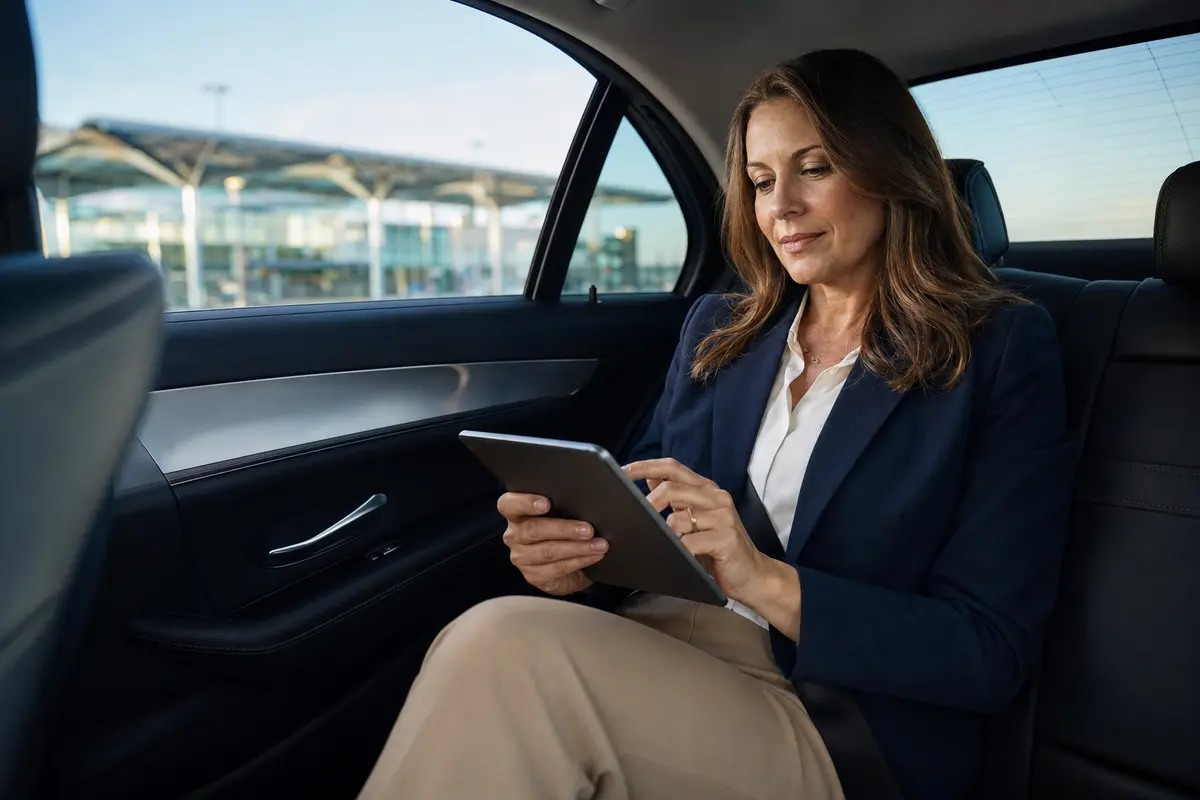 A business traveller using a tablet in the rear of an executive car