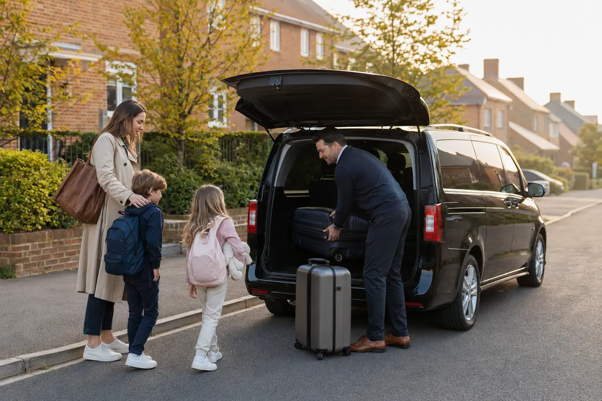 A family preparing for an airport journey beside a people carrier